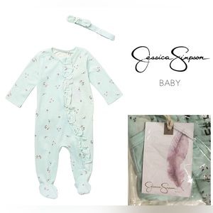 🆕JESSICA SIMPSON BABY - 3/6M - NWT - 2PC AQUA FLORAL SLEEPER AND HEADBAND